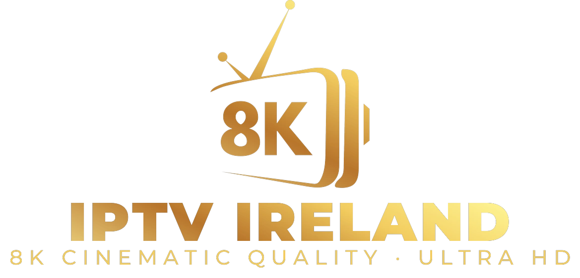 Strong 8K IPTV Ireland stacked logo — gold 8K TV icon above IPTV Ireland wordmark