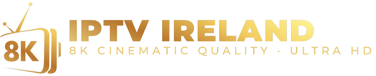 Strong 8K IPTV Ireland logo — gold 8K TV icon with IPTV Ireland wordmark and 8K Cinematic Quality Ultra HD slogan