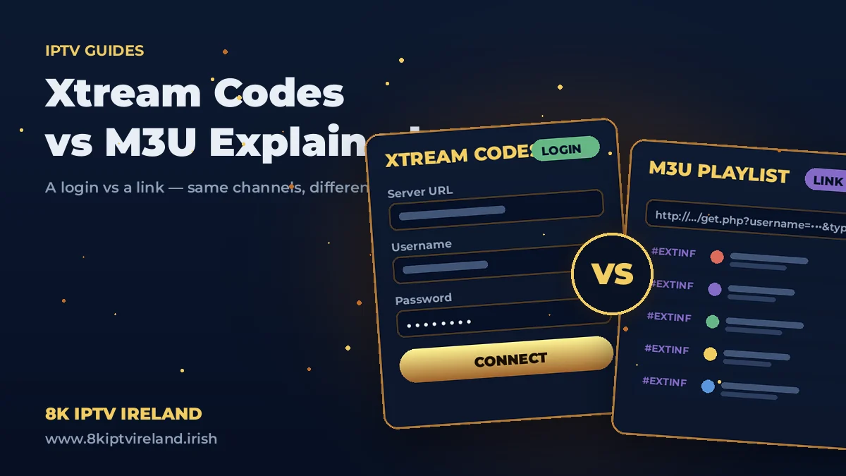Xtream Codes API login compared with an M3U playlist link for IPTV